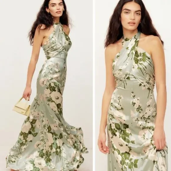 Reformation | Dresses | Nwt Reformation Veria Silk Maxi Dress Halter  Tarragon Green Floral Gown | Poshmark